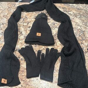 Black knit winter scarf, glove. & hat set